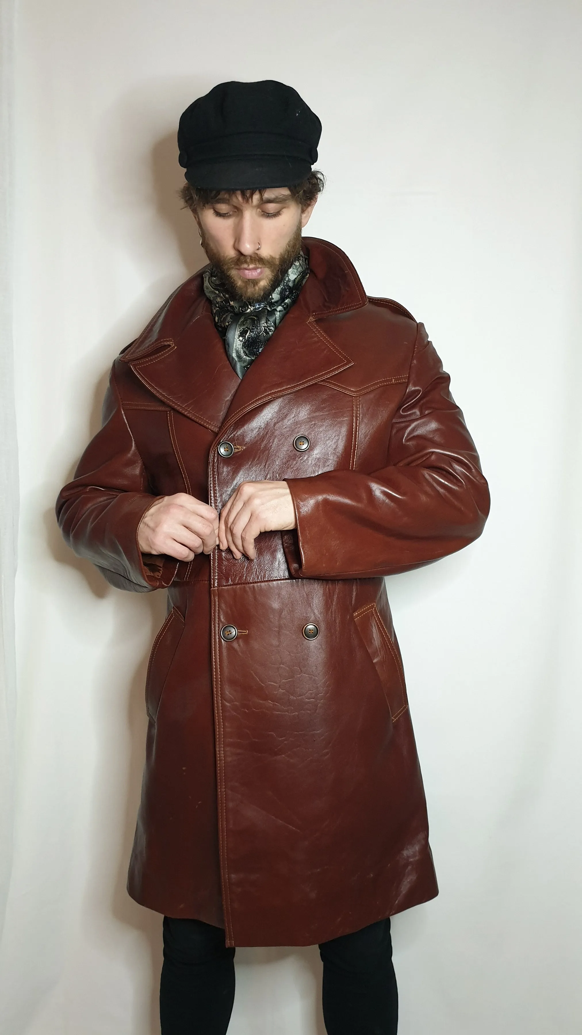 1970s leather double breasted trench coat