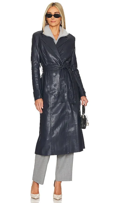 Bardot Vegan Leather Trench Coat in Navy