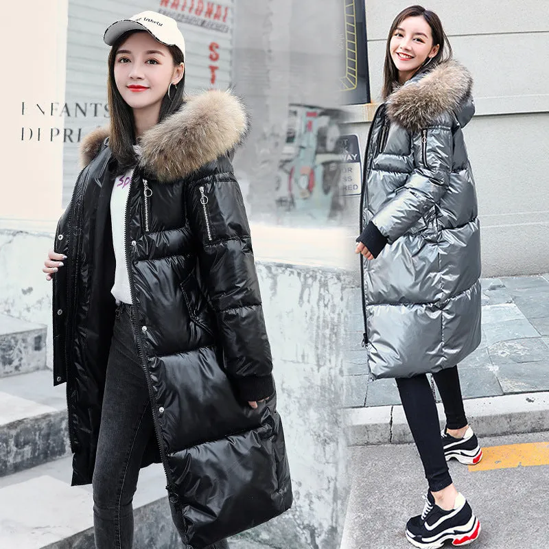 Causal Glossy Silver Down Winter Women's Long Fur Jackets