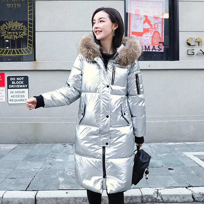Causal Glossy Silver Down Winter Women's Long Fur Jackets