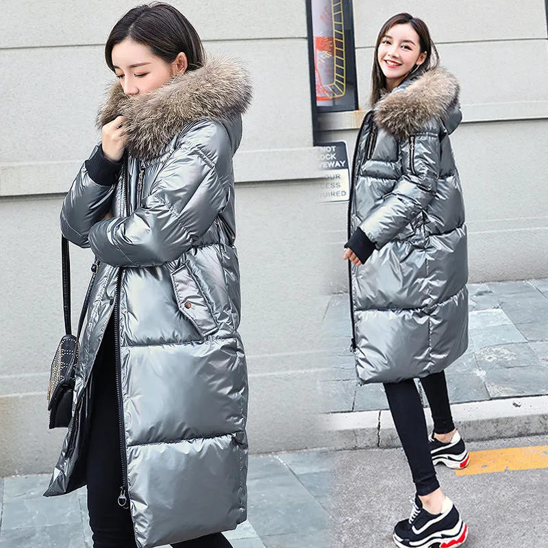 Causal Glossy Silver Down Winter Women's Long Fur Jackets