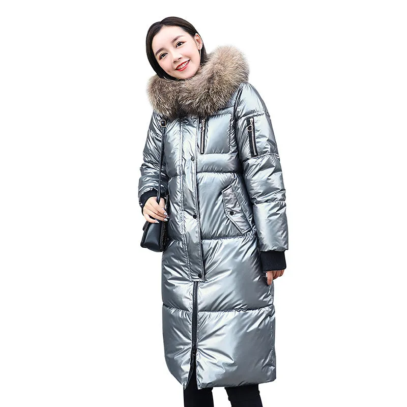 Causal Glossy Silver Down Winter Women's Long Fur Jackets