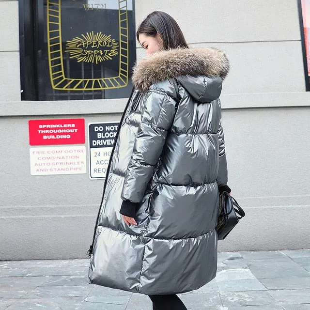 Causal Glossy Silver Down Winter Women's Long Fur Jackets