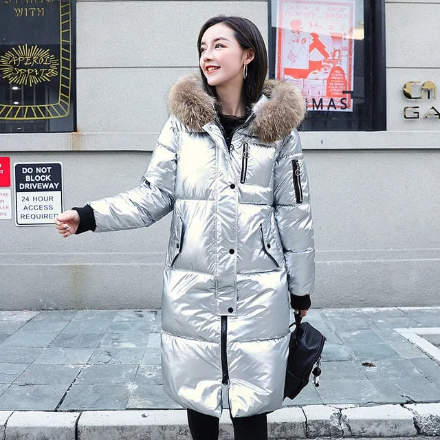 Causal Glossy Silver Down Winter Women's Long Fur Jackets