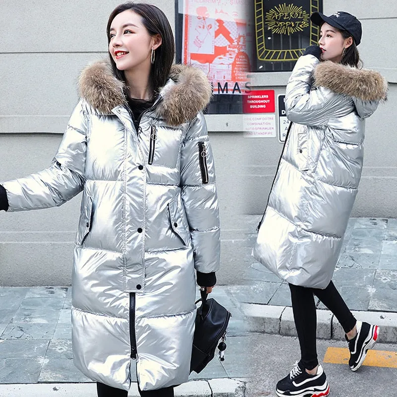 Causal Glossy Silver Down Winter Women's Long Fur Jackets