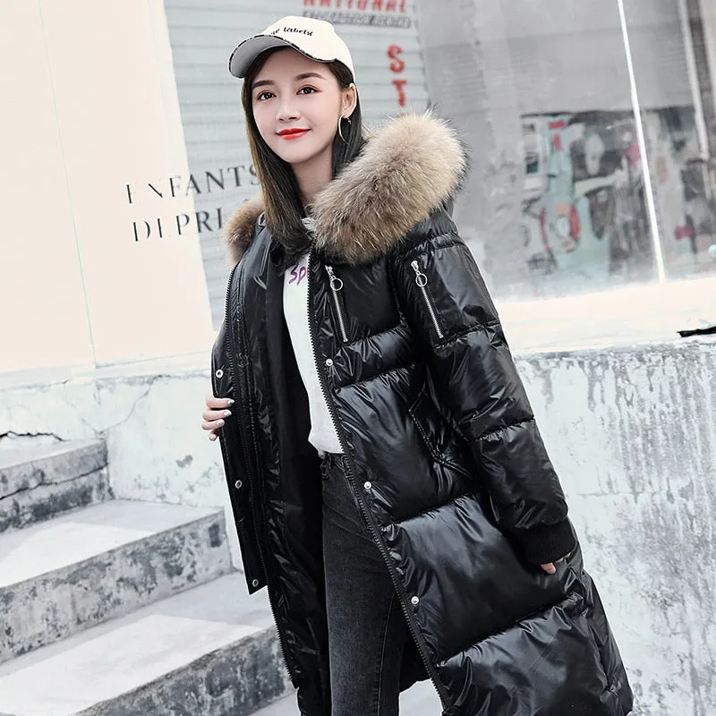Causal Glossy Silver Down Winter Women's Long Fur Jackets