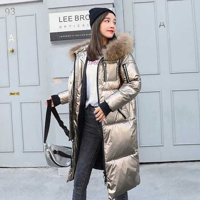 Causal Glossy Silver Down Winter Women's Long Fur Jackets