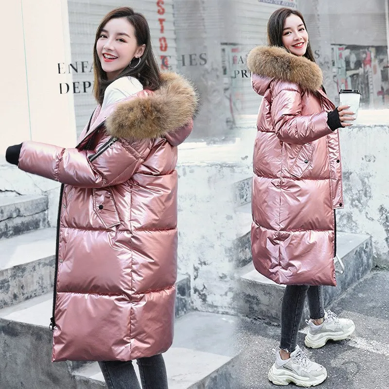 Causal Glossy Silver Down Winter Women's Long Fur Jackets