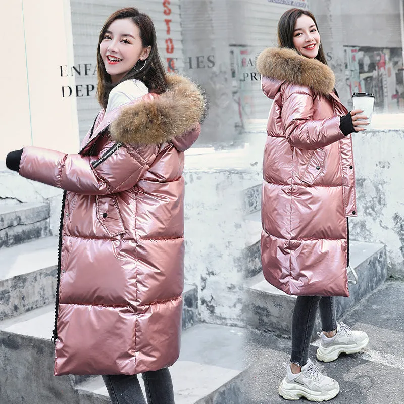 Causal Glossy Silver Down Winter Women's Long Fur Jackets
