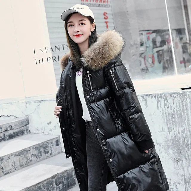 Causal Glossy Silver Down Winter Women's Long Fur Jackets