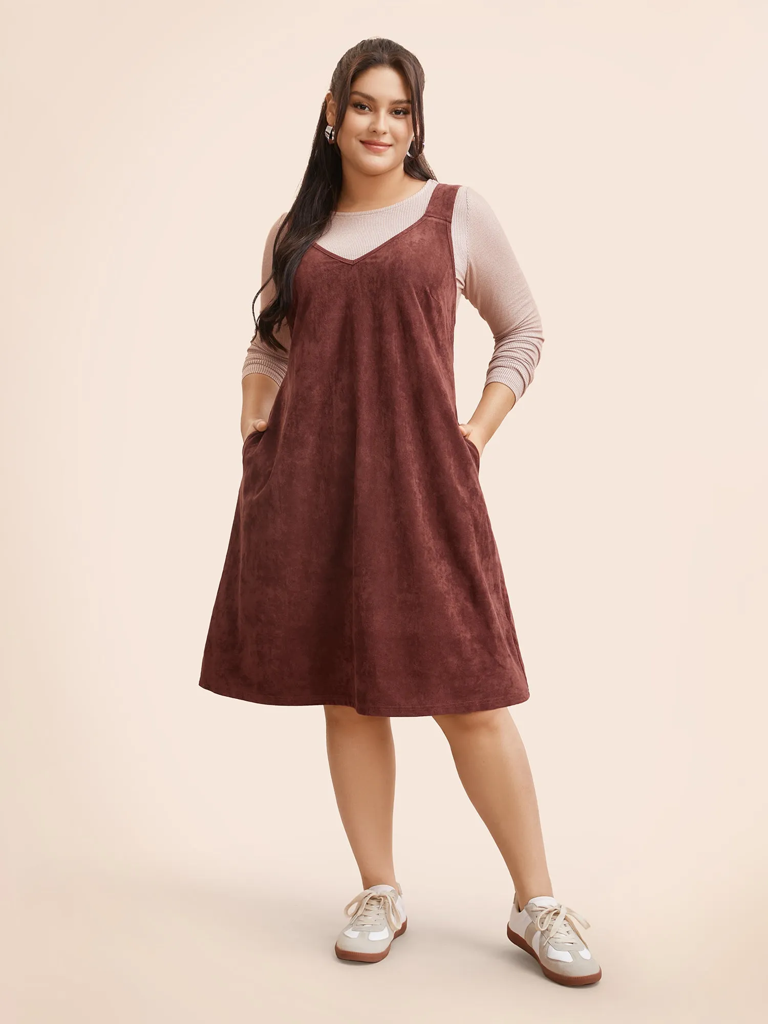 Faux Suede Pocket Overall Dress