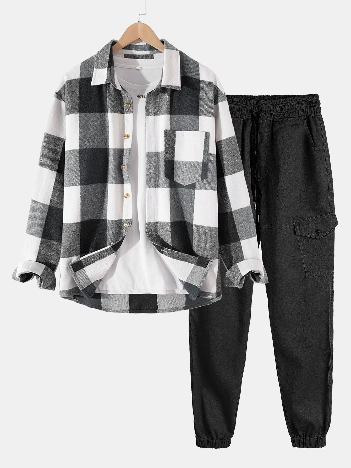 Flannel Plaid Overshirt & Chino Cargo Jogger Pants