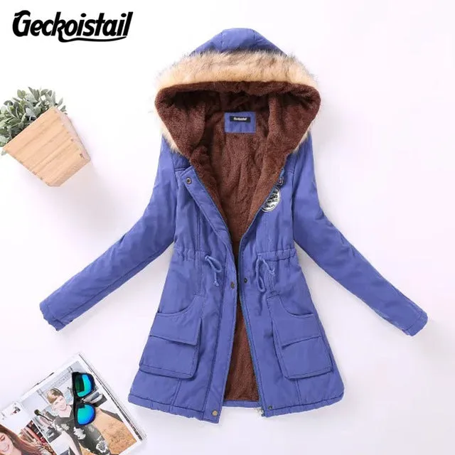 Geckoistail Parkas Women Coats Fashion Autumn Warm Winter Jackets Women Fur Collar Long Plus Size Hoodies Casual Cotton Outwear
