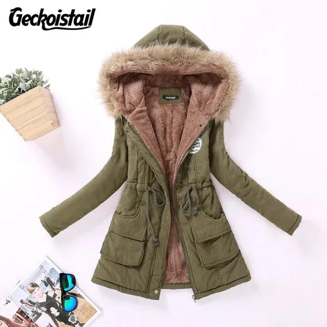 Geckoistail Parkas Women Coats Fashion Autumn Warm Winter Jackets Women Fur Collar Long Plus Size Hoodies Casual Cotton Outwear