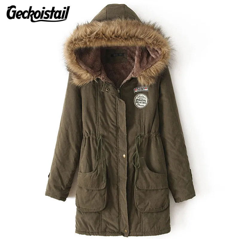 Geckoistail Parkas Women Coats Fashion Autumn Warm Winter Jackets Women Fur Collar Long Plus Size Hoodies Casual Cotton Outwear