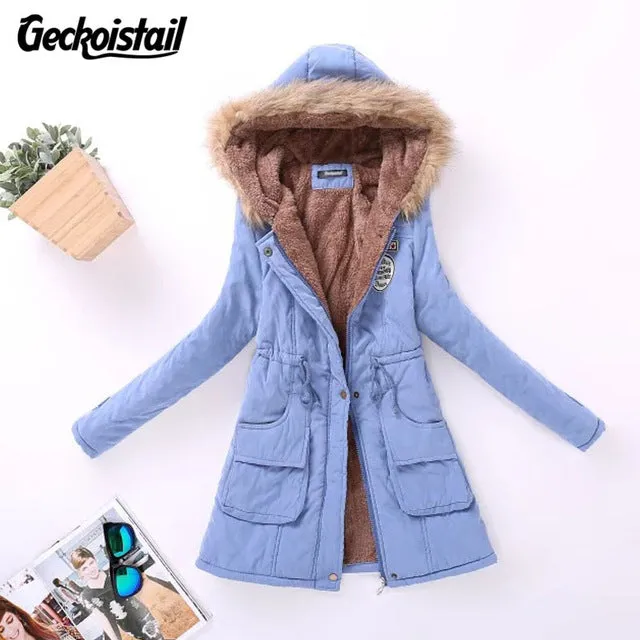 Geckoistail Parkas Women Coats Fashion Autumn Warm Winter Jackets Women Fur Collar Long Plus Size Hoodies Casual Cotton Outwear