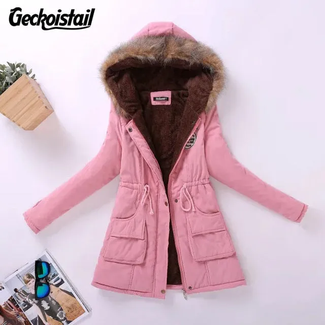 Geckoistail Parkas Women Coats Fashion Autumn Warm Winter Jackets Women Fur Collar Long Plus Size Hoodies Casual Cotton Outwear