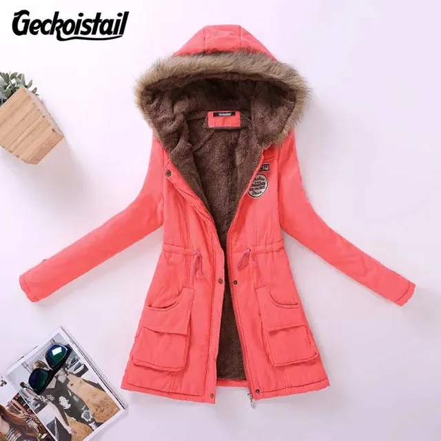 Geckoistail Parkas Women Coats Fashion Autumn Warm Winter Jackets Women Fur Collar Long Plus Size Hoodies Casual Cotton Outwear