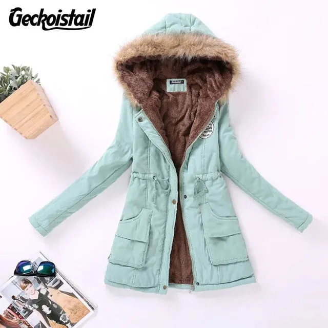 Geckoistail Parkas Women Coats Fashion Autumn Warm Winter Jackets Women Fur Collar Long Plus Size Hoodies Casual Cotton Outwear