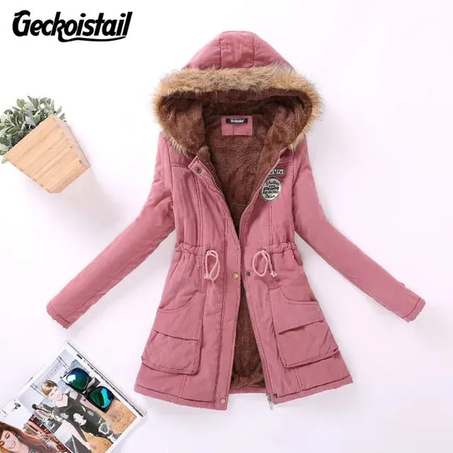 Geckoistail Parkas Women Coats Fashion Autumn Warm Winter Jackets Women Fur Collar Long Plus Size Hoodies Casual Cotton Outwear