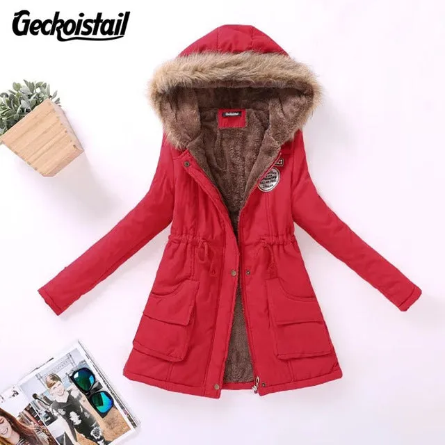 Geckoistail Parkas Women Coats Fashion Autumn Warm Winter Jackets Women Fur Collar Long Plus Size Hoodies Casual Cotton Outwear