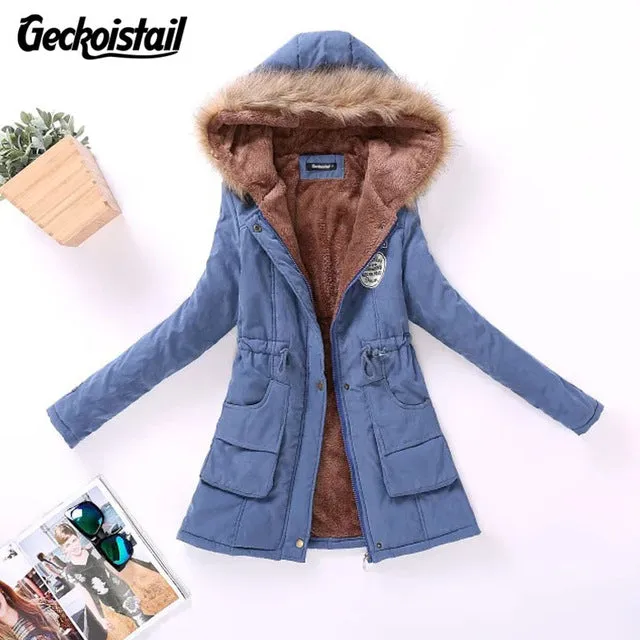Geckoistail Parkas Women Coats Fashion Autumn Warm Winter Jackets Women Fur Collar Long Plus Size Hoodies Casual Cotton Outwear