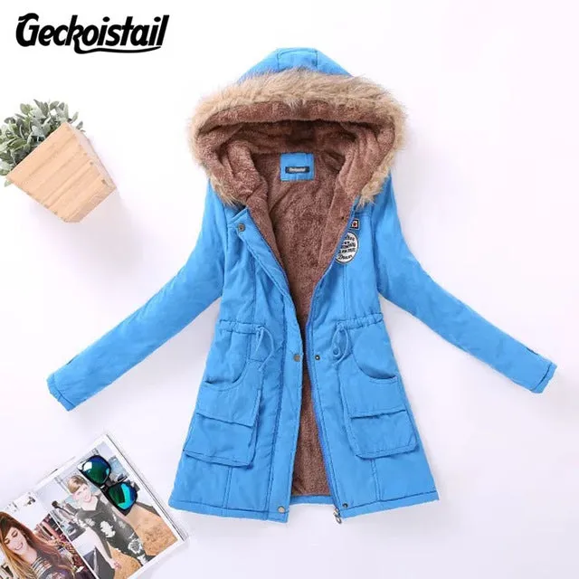 Geckoistail Parkas Women Coats Fashion Autumn Warm Winter Jackets Women Fur Collar Long Plus Size Hoodies Casual Cotton Outwear