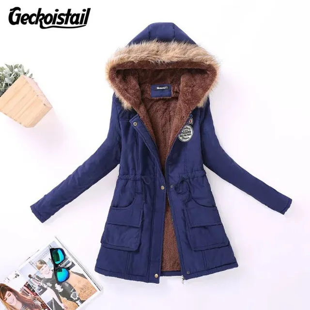 Geckoistail Parkas Women Coats Fashion Autumn Warm Winter Jackets Women Fur Collar Long Plus Size Hoodies Casual Cotton Outwear