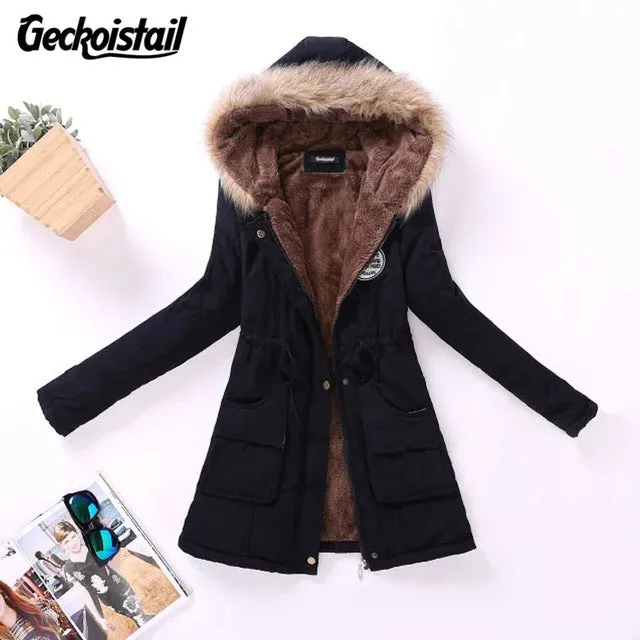 Geckoistail Parkas Women Coats Fashion Autumn Warm Winter Jackets Women Fur Collar Long Plus Size Hoodies Casual Cotton Outwear