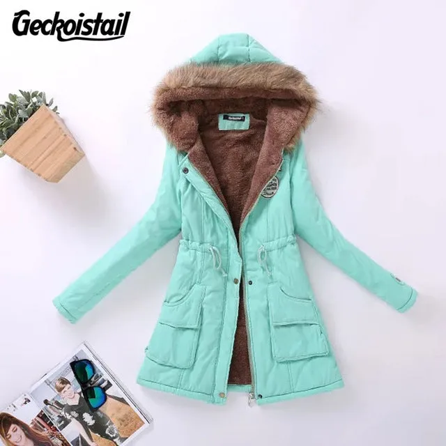 Geckoistail Parkas Women Coats Fashion Autumn Warm Winter Jackets Women Fur Collar Long Plus Size Hoodies Casual Cotton Outwear