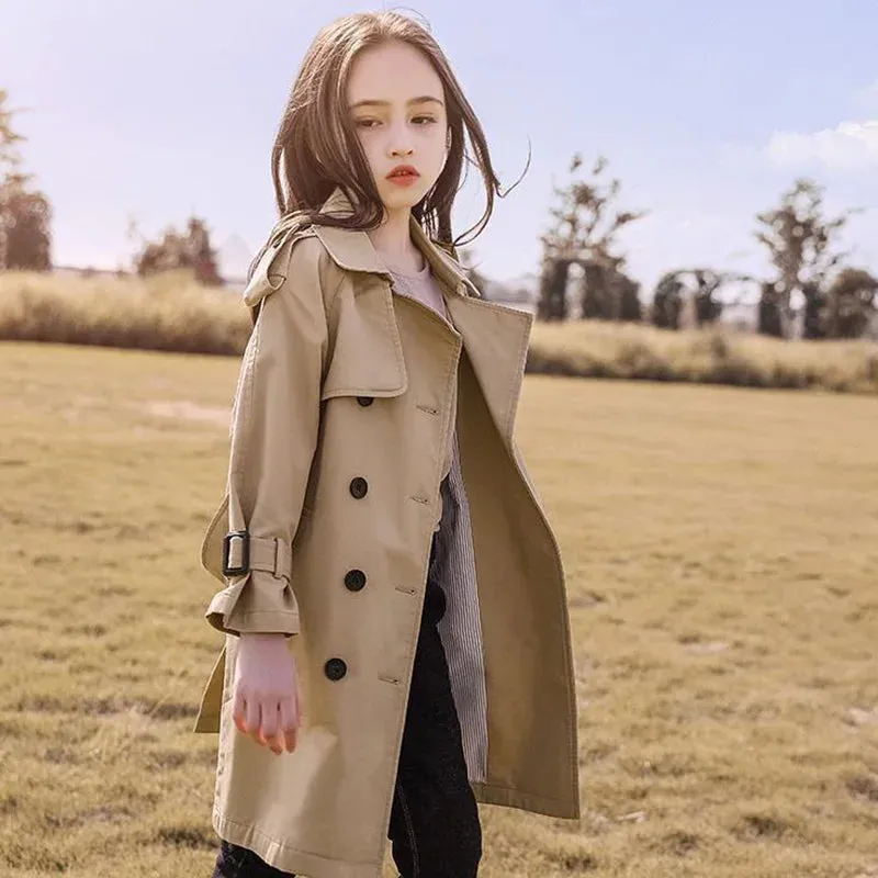 Girls Windbreaker Trench Coat Windproof Mid-Length Jacket Overcoat