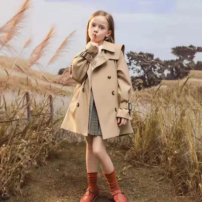 Girls Windbreaker Trench Coat Windproof Mid-Length Jacket Overcoat
