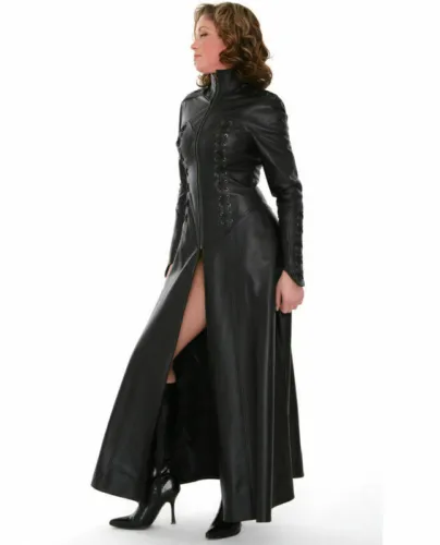 Ladies Black Genuine Lambskin Trench Coat Steampunk