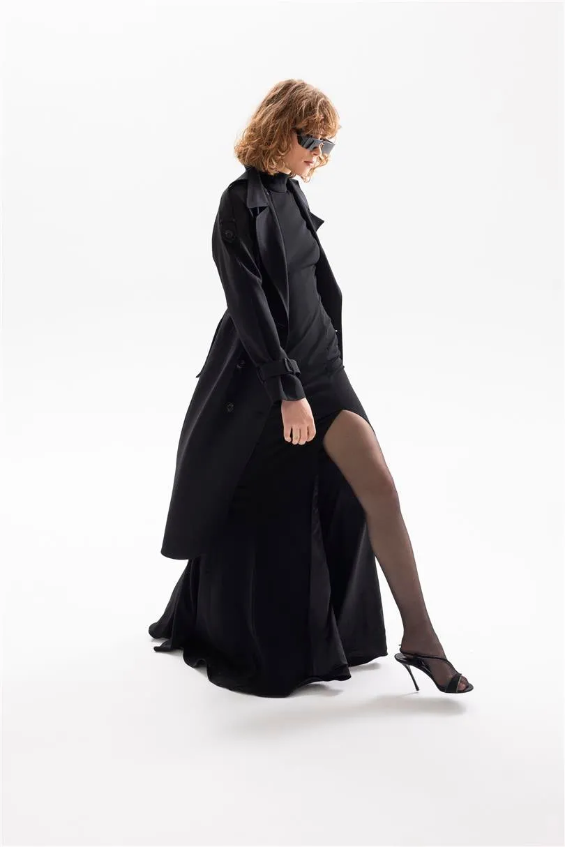 Long Trench Coat with Sleeve and Shoulder Belt Detail - Black