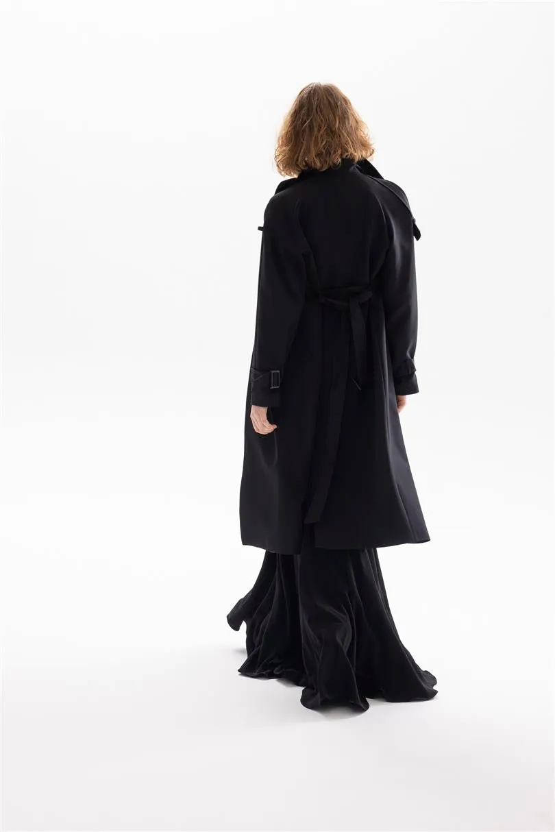 Long Trench Coat with Sleeve and Shoulder Belt Detail - Black