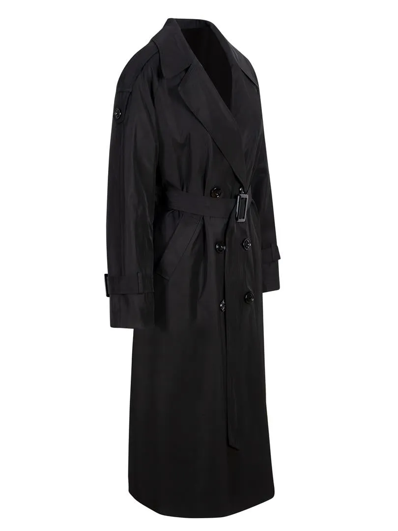 Long Trench Coat with Sleeve and Shoulder Belt Detail - Black