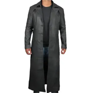 Men's Full Length Black Leather Winter Trench Coat - Stylish & Warm