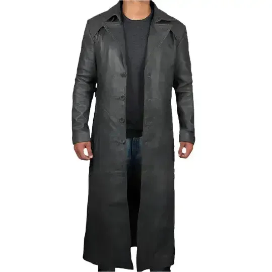 Men's Full Length Black Leather Winter Trench Coat - Stylish & Warm