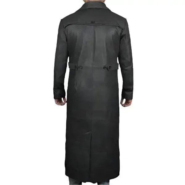 Men's Full Length Black Leather Winter Trench Coat - Stylish & Warm