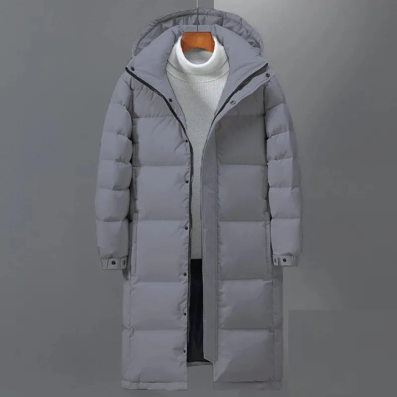 Men's long puffer jacket with insulated hood and full-length zip