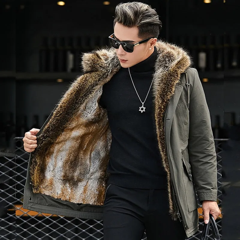 Men's Winter Casual Thick V-Neck Parka With Raccoon Fur