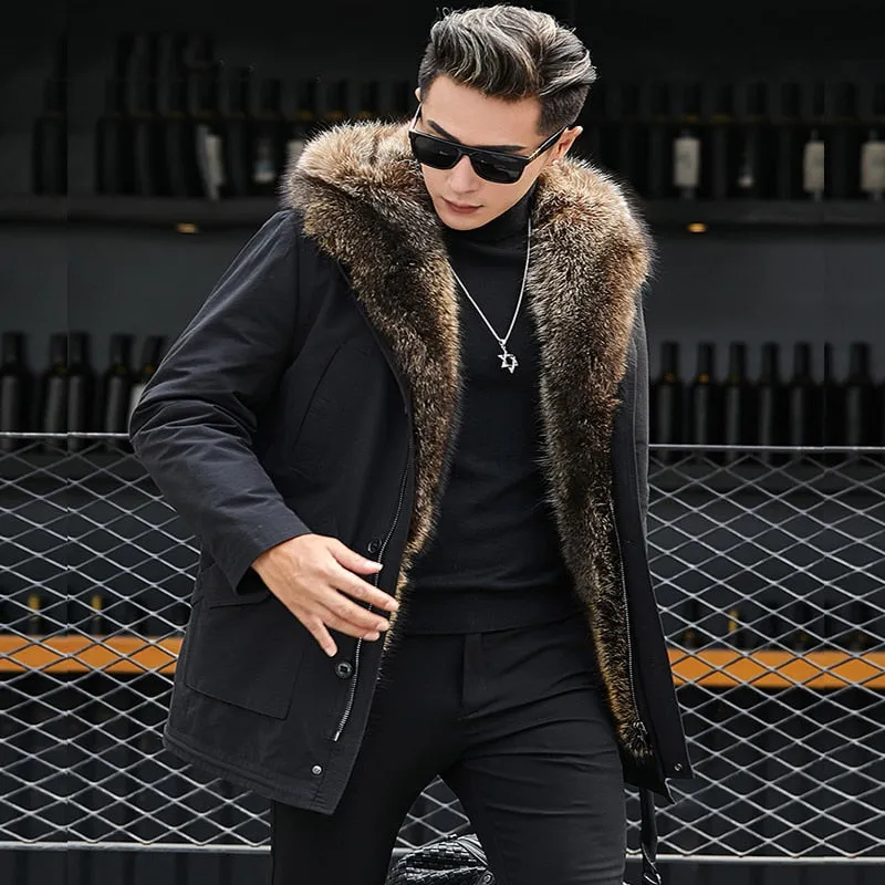 Men's Winter Casual Thick V-Neck Parka With Raccoon Fur
