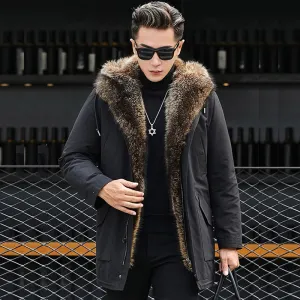 Men's Winter Casual Thick V-Neck Parka With Raccoon Fur