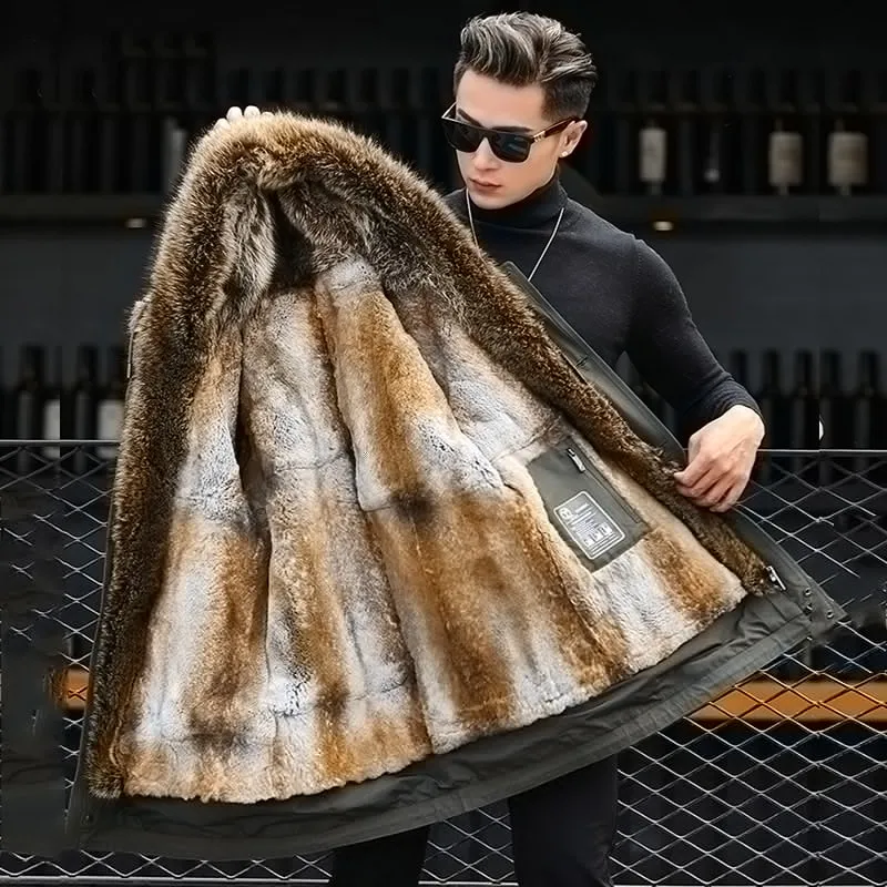 Men's Winter Casual Thick V-Neck Parka With Raccoon Fur