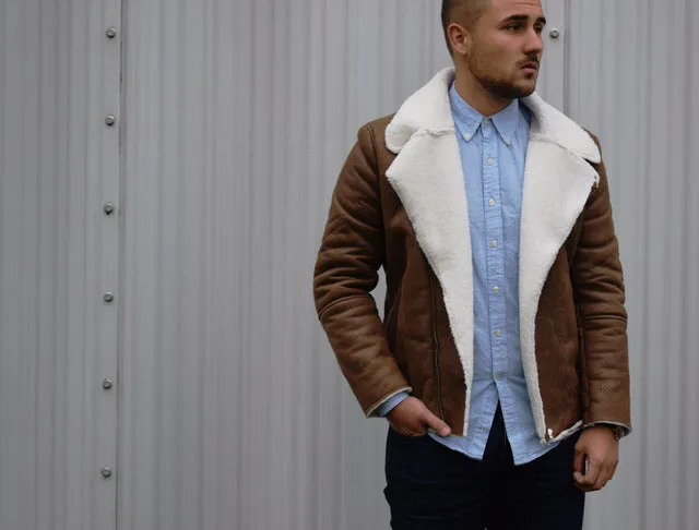 Men's Winter Warm Faux Suede Leather Jacket With Turn-Down Fur Collar