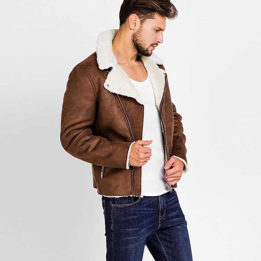 Men's Winter Warm Faux Suede Leather Jacket With Turn-Down Fur Collar