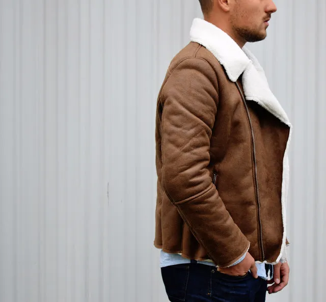 Men's Winter Warm Faux Suede Leather Jacket With Turn-Down Fur Collar
