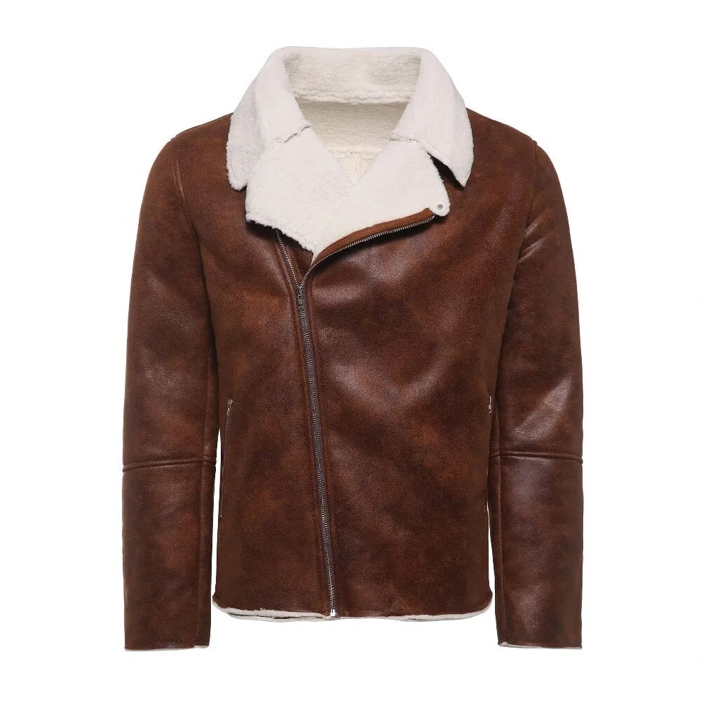 Men's Winter Warm Faux Suede Leather Jacket With Turn-Down Fur Collar