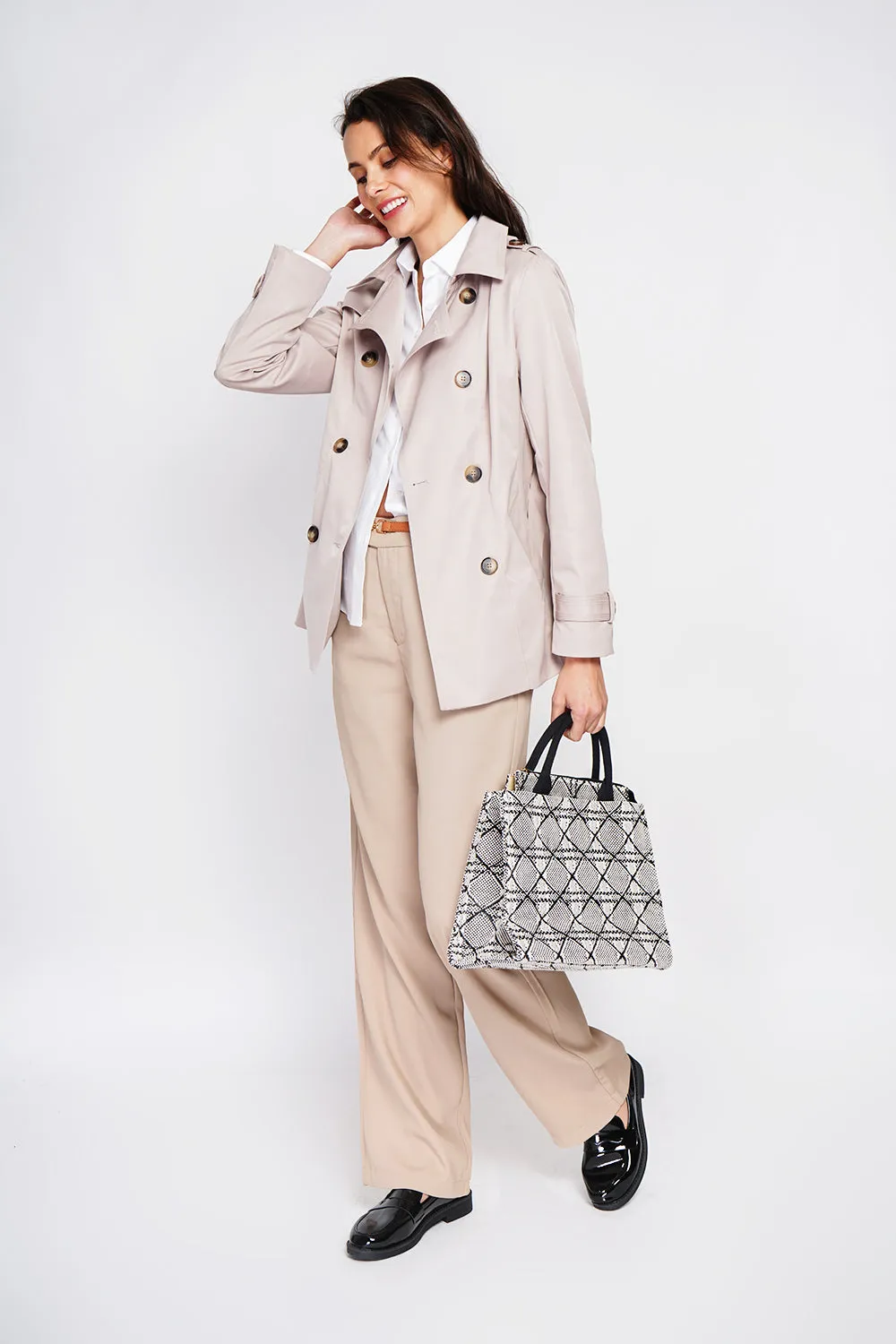 Mid-length trench coat with belt and long sleeves