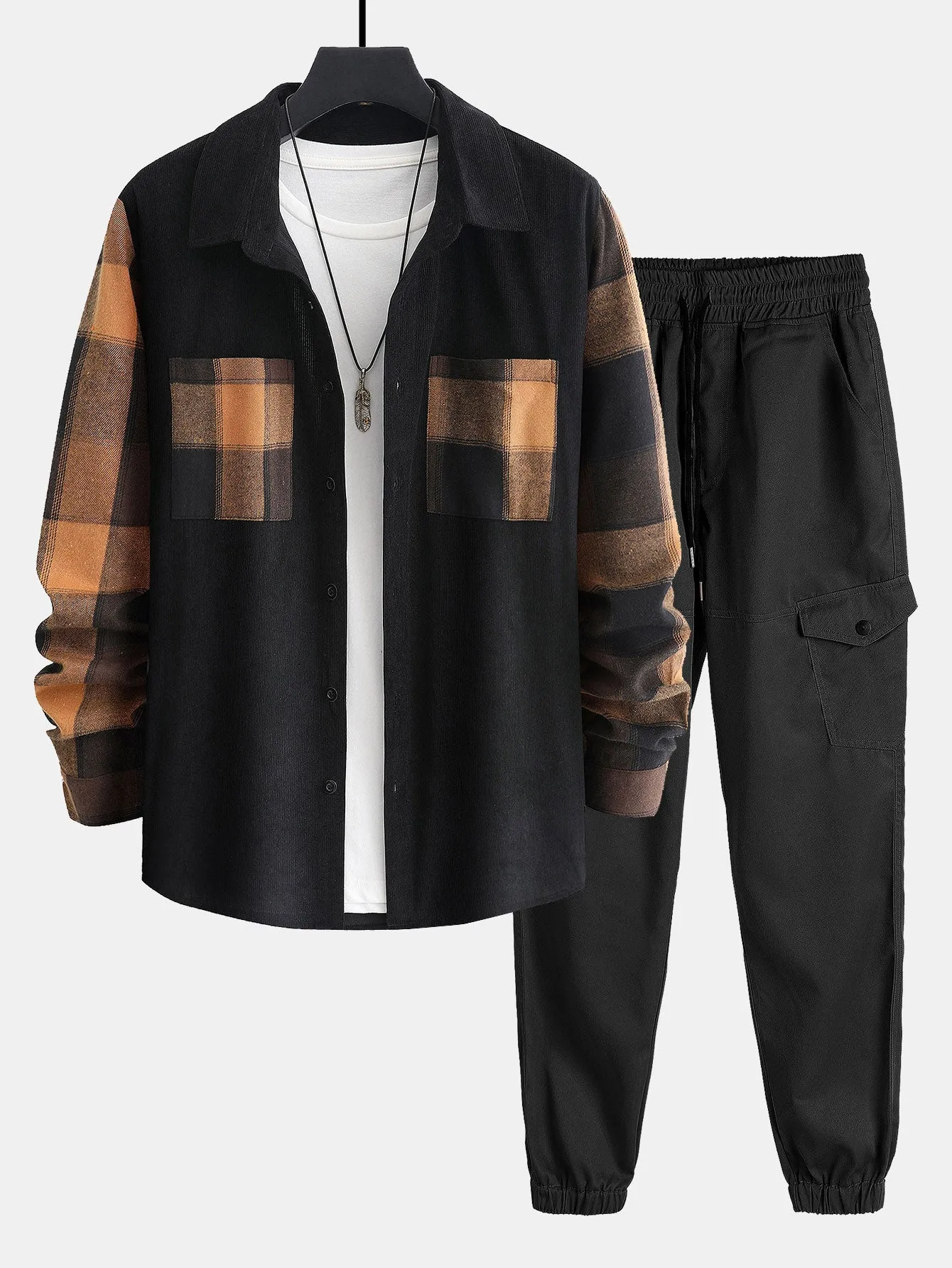Plaid Corduroy Panel Shirt & Chino Cargo Jogger Pants